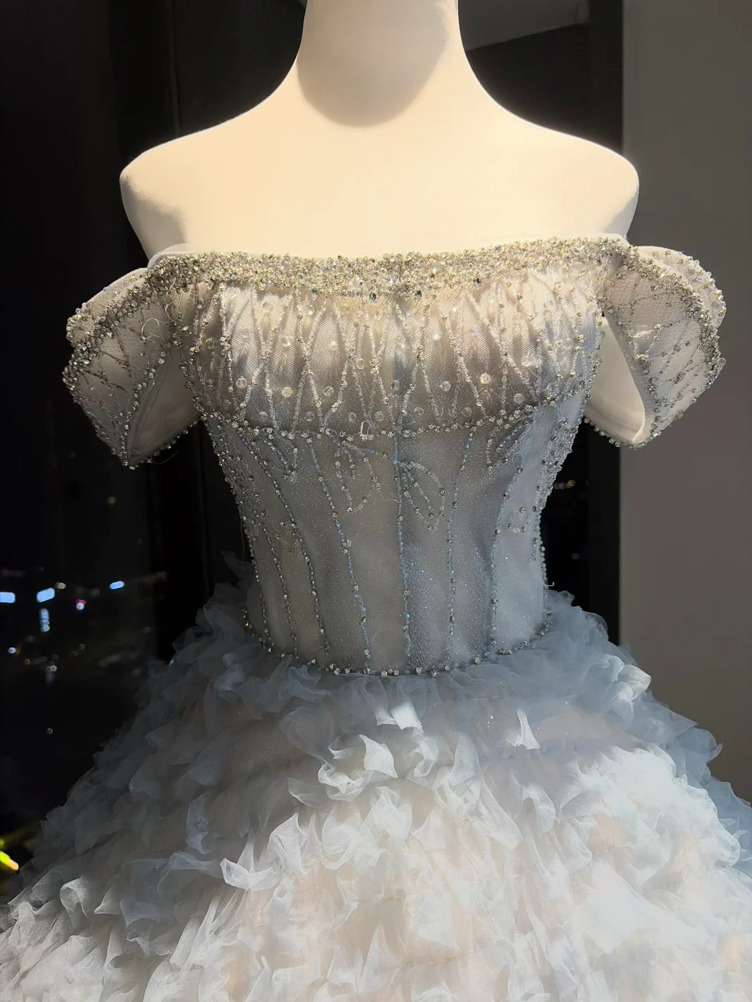 Light Ice Blue Off Shoulder Ball Gown Flutter Sleeve Beaded Corset Tiered Ruffle Tulle Fairy Prom Dress NV6943