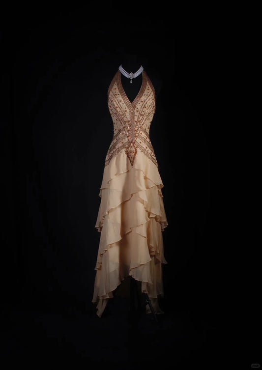 Khaki Beaded Gorgeous Exquisite Backless Strapless Long Chiffon Ruffle Ball Gown Party Dress nv5209