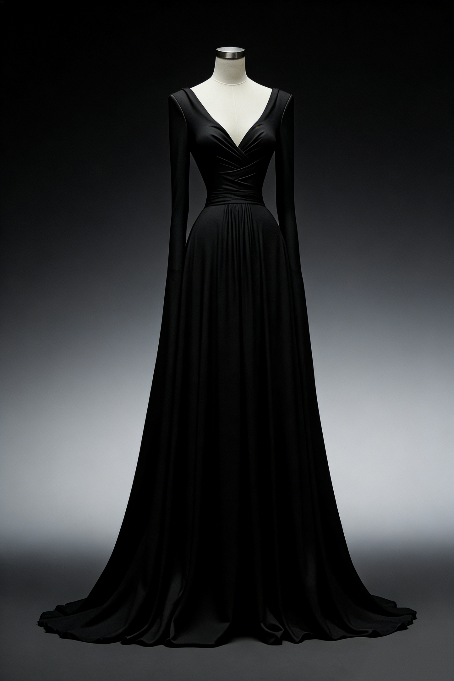 Schwarzes, tief ausgeschnittenes, langärmeliges Abendkleid mit drapierter Schleppe – Minimalistisches Abendkleid NV6775