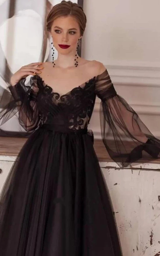 Black romantic ankle-length long sleeve tulle A-line applique long evening gown ball gown party dress nv2567