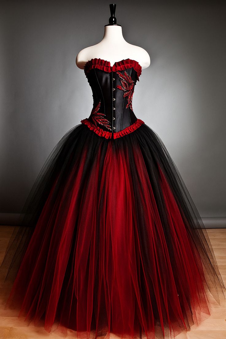 NiceVestidos-_Black And Red Vintage-Style Delicate Beaded Tulle Long Vampire Ball Gown NV6020