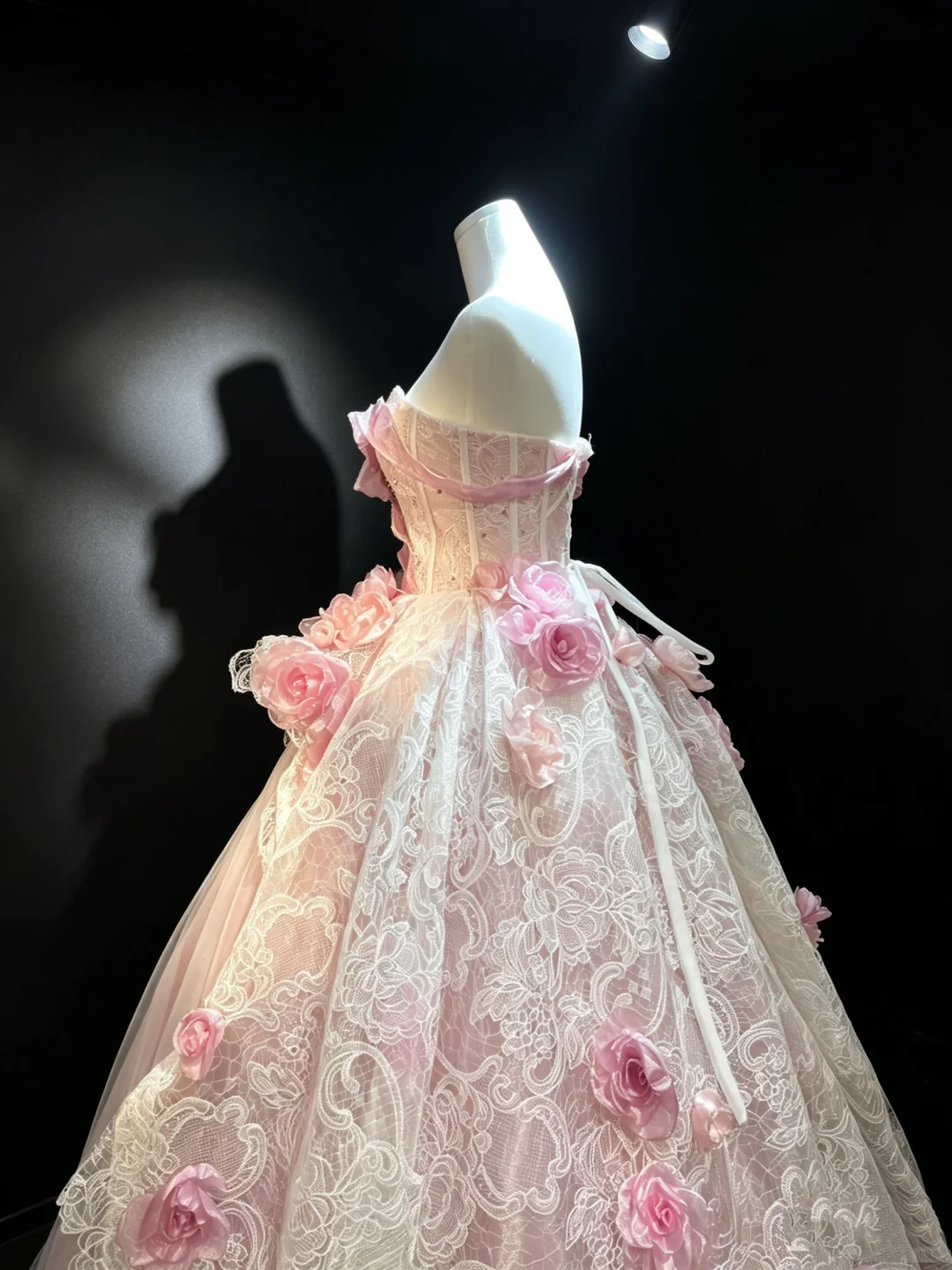 Pink Strapless Ball Gown Satin Bow Lace Corset 3D Floral Lace Overlay Tulle Fairy Prom Dress NV6944