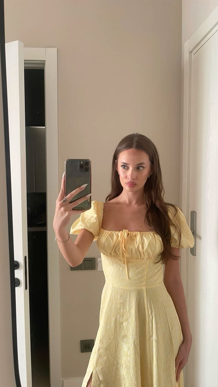 Yellow Elegant Long Puff Sleeve Slit Prom Dress Birthday Dress Evening Dress Wedding Guest Dress nv1710