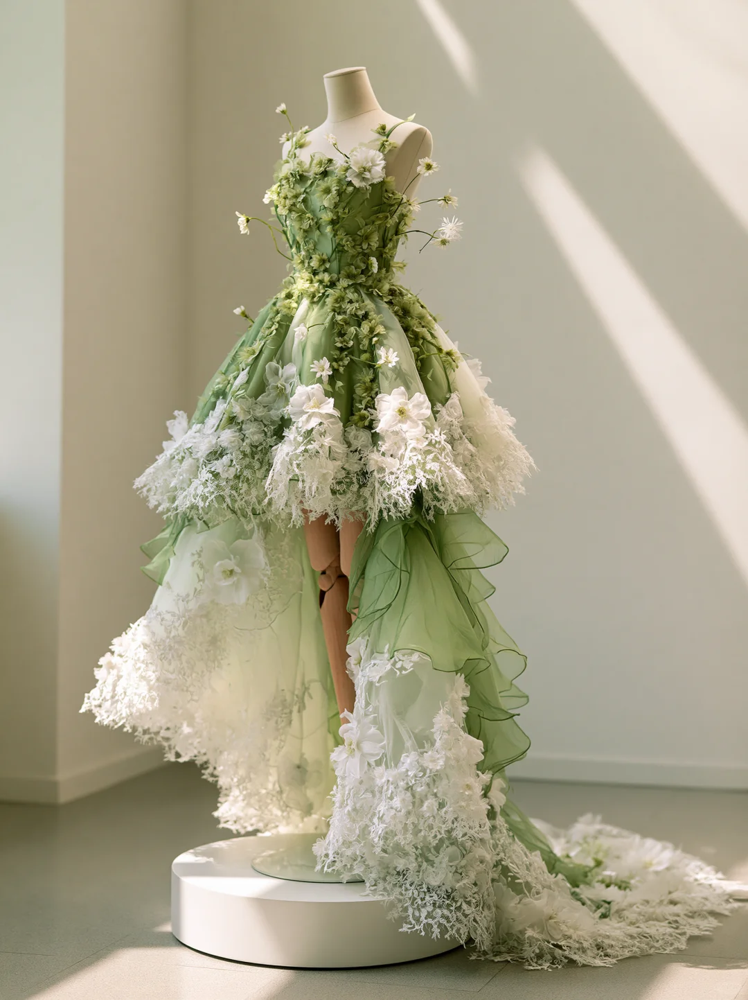 Sage Green Spaghetti Strap High Low 3D Floral Lace Fairy Gown NV7470