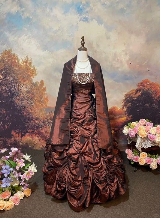 Brown Gorgeous Noble Exquisite Beaded Satin Floor-Length Vintage Long Ball Gown nv5153