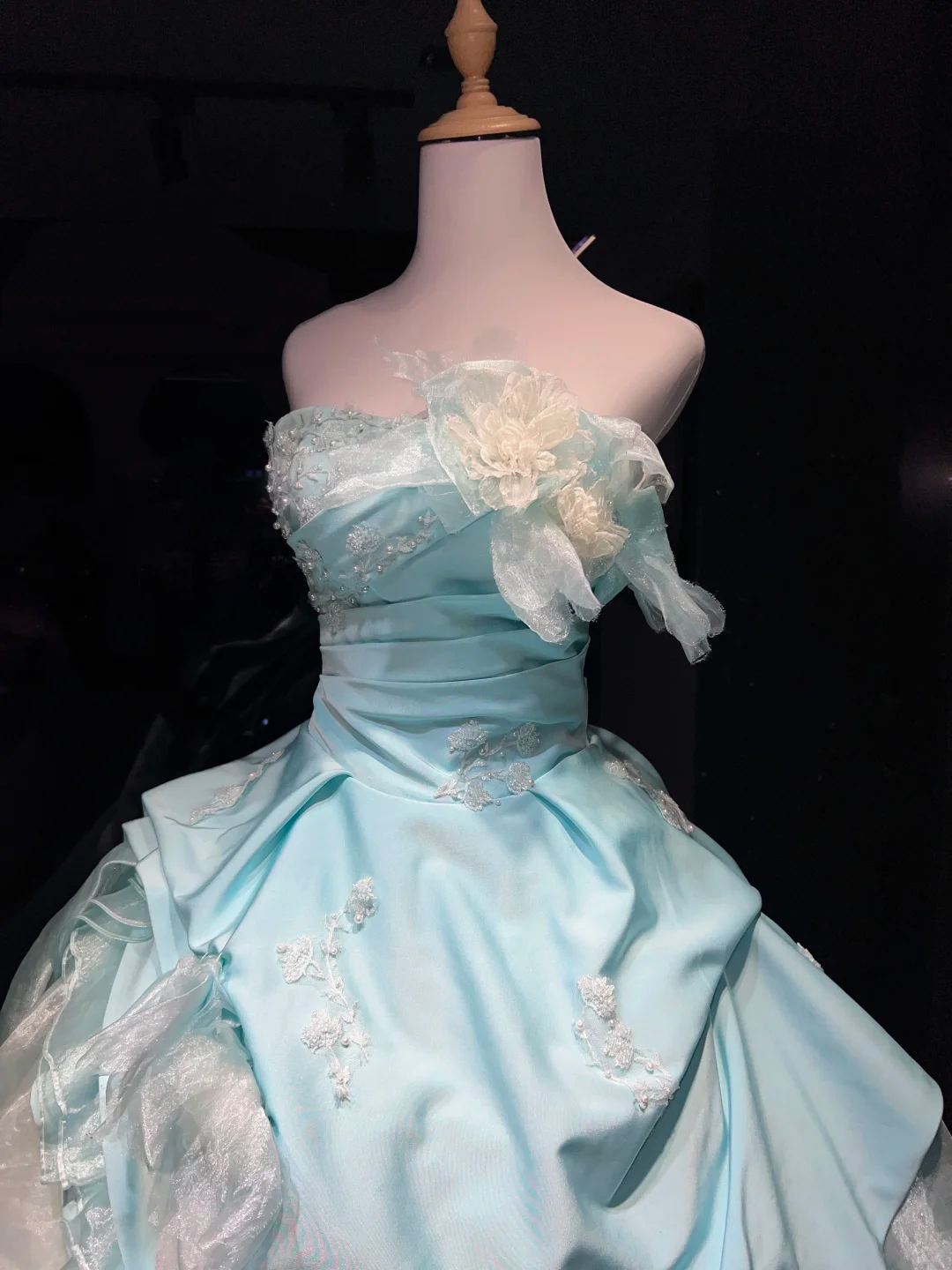 Strapless Mint Blue Prom Dress Beaded Embroidery 3D Flower Layered Organza Ball Gown NV7059