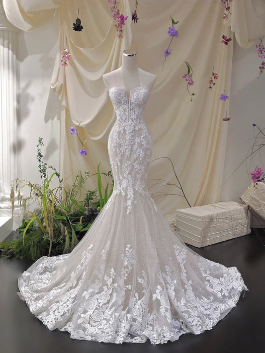 White floral applique lace long mermaid slim fit floor length ball gown evening gown wedding dress nv4434