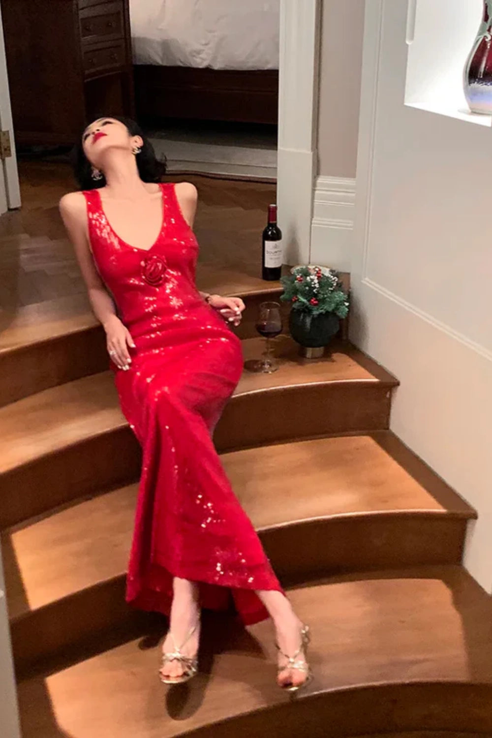 Charming Red Mermaid Halter Sequin Open Back Prom Dress Evening Dress nv5394