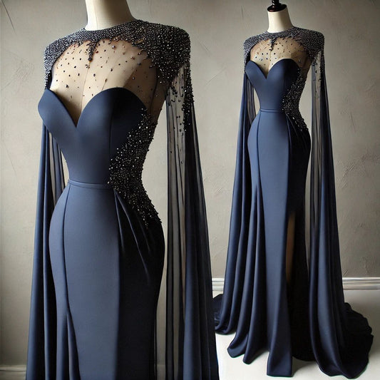 Dark blue gorgeous beaded shiny elegant satin sexy floor-length mermaid slit long prom dress evening dress nv5126