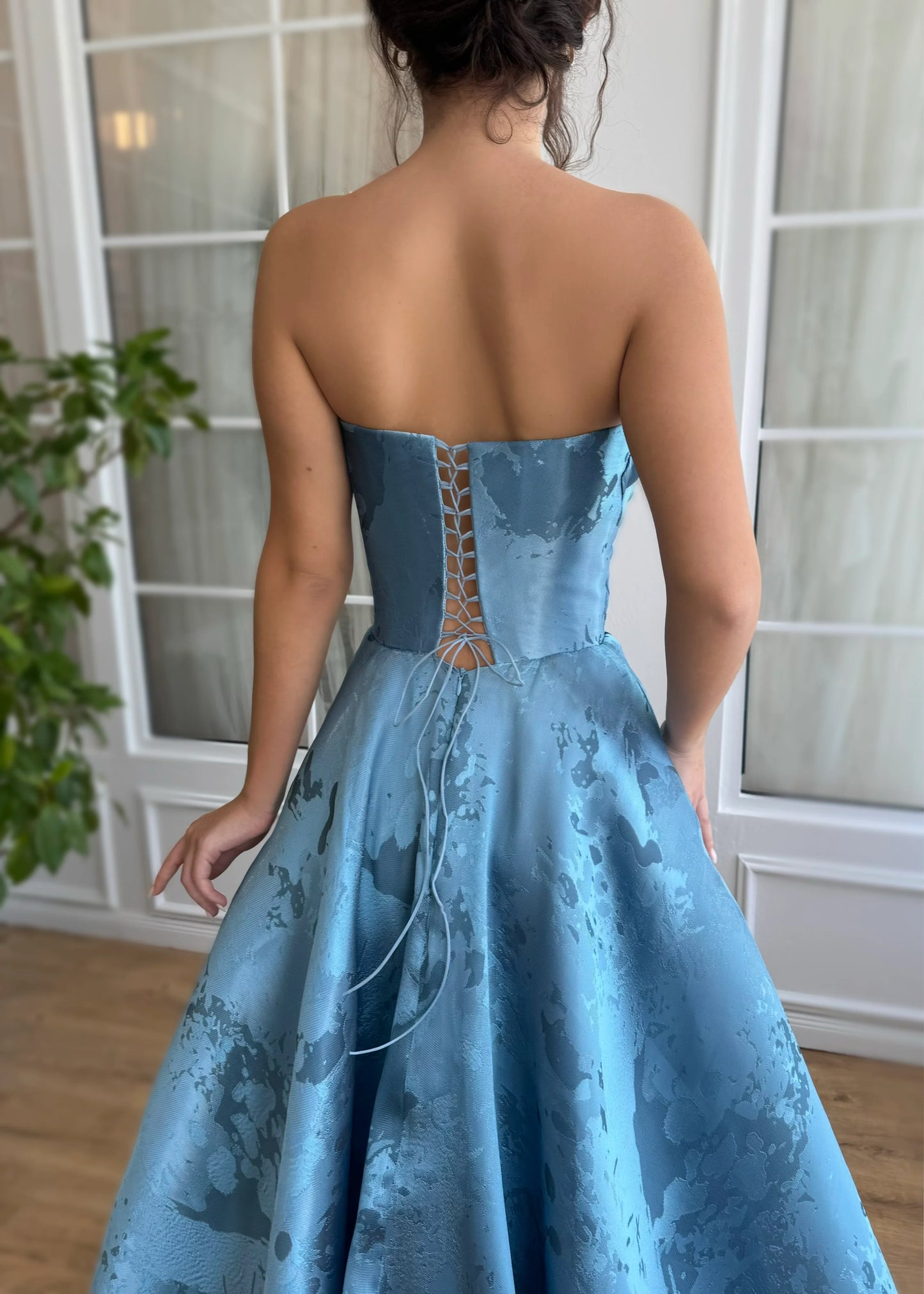 strapless ruched embossed printed satin lace-up prom dress nv1637
