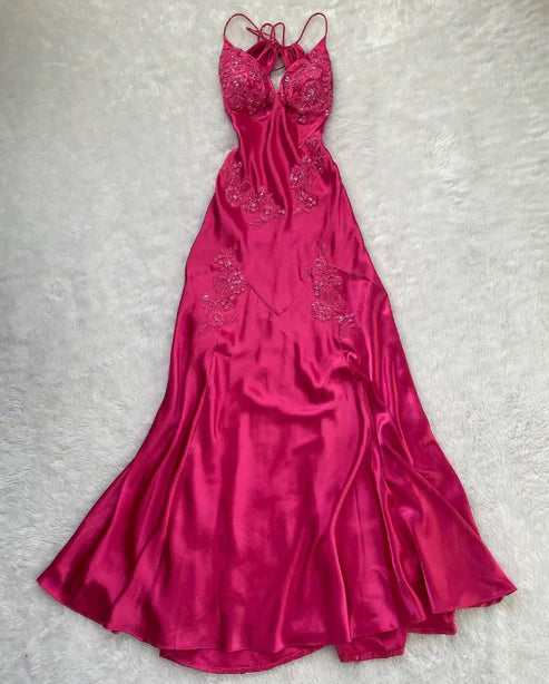 Green/Purple/Pink vintage V neck exquisite embroidery applique long satin elegant party dress evening gown prom dress nv2045