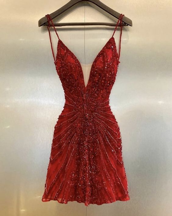 Red sequined strapless cocktail dress party dress mini homecoming dress nv2058