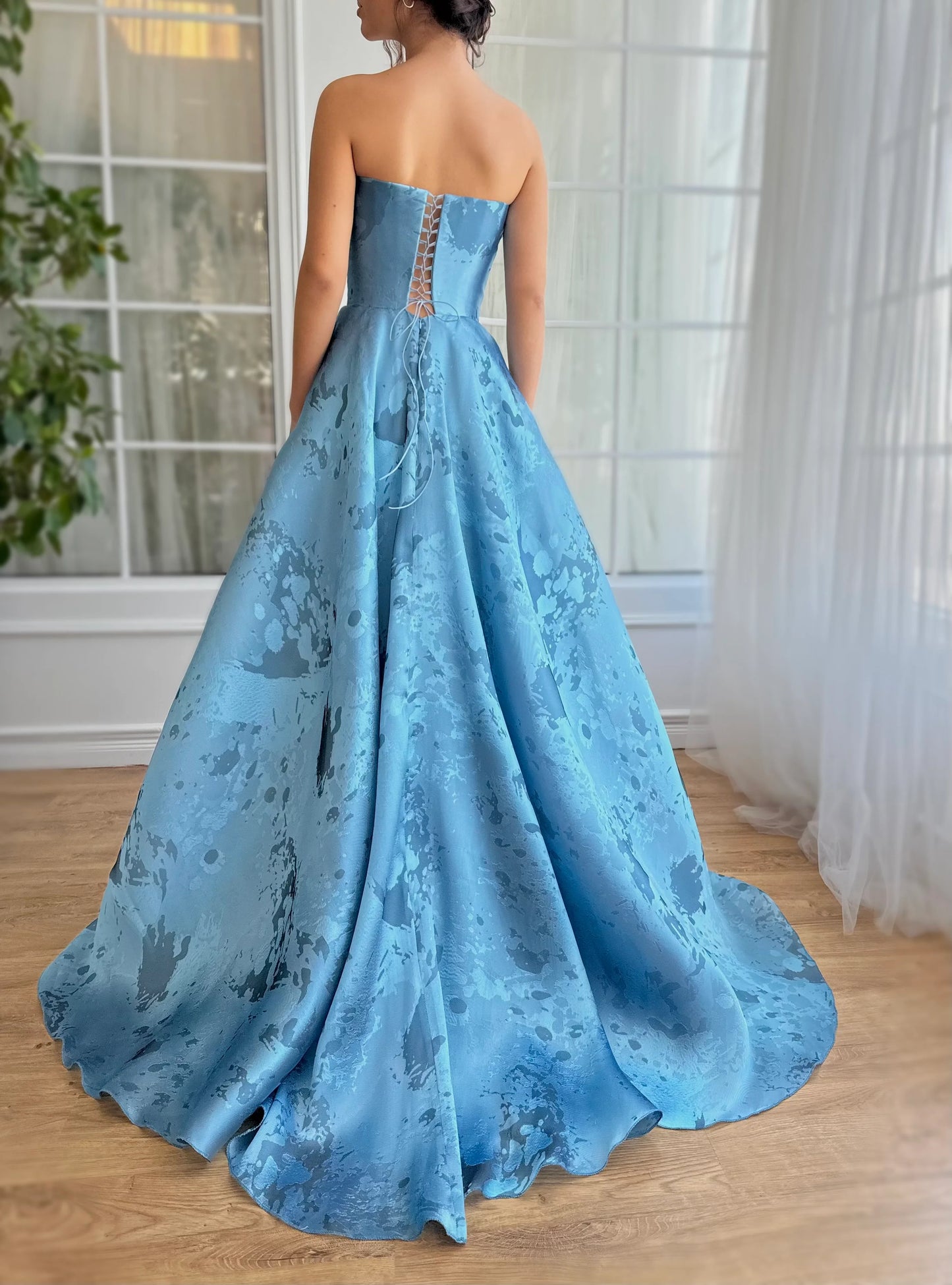 strapless ruched embossed printed satin lace-up prom dress nv1637