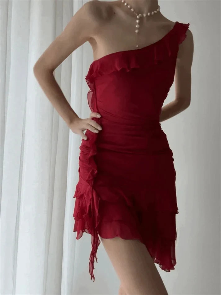 Red ruffled sleeveless short prom dress homecoming dress nv1956