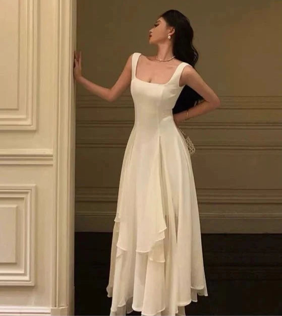 White Elegant Irregular Hem Long Ball Gown Evening Dress A-Line Square Neck Ball Gown Ankle Length nv2007