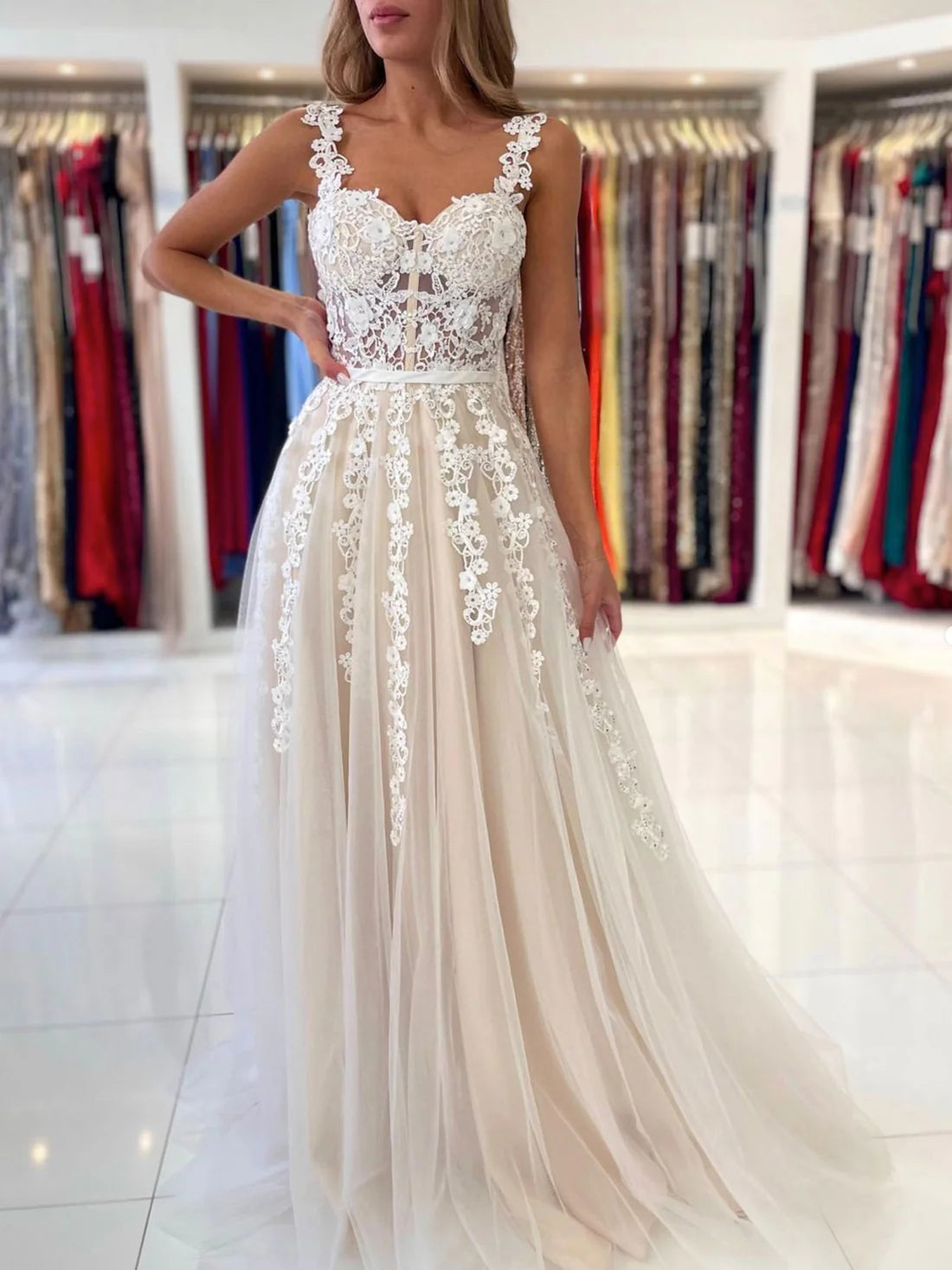 Champagne A-Line Lace Long Prom Dresses, Champagne Formal Evening Dresses nv1525