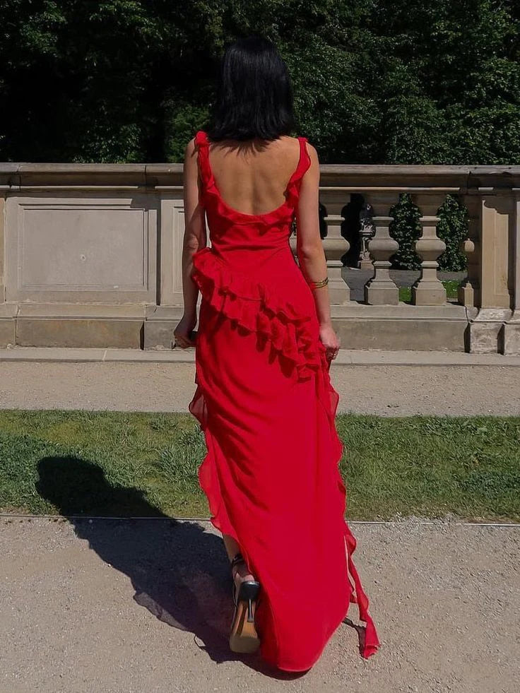 Red Charming Strapless Ruffle Long Slit Party Dress Evening Gown nv2215