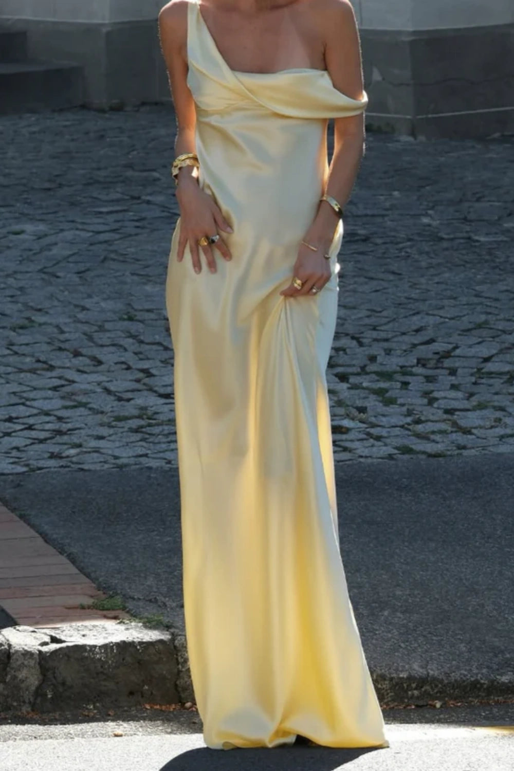 Elegant Light Yellow A Line Strap Satin Long Prom Dress Evening Dress nv5393