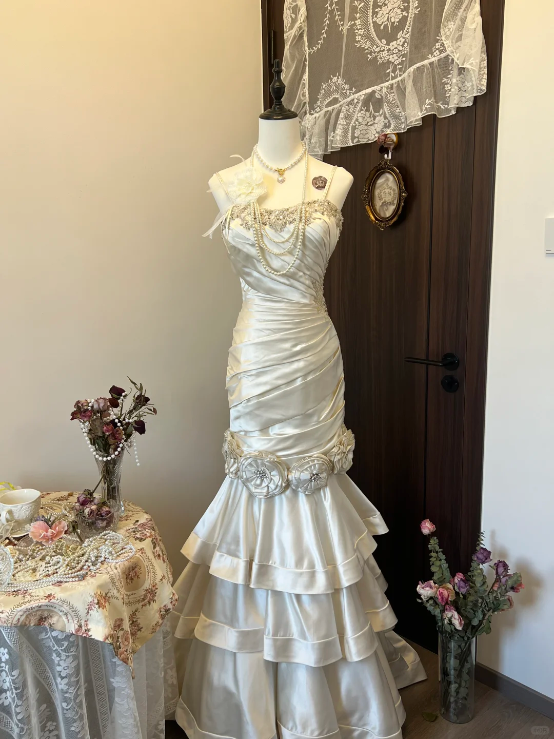 Ivory White Floral Beaded Long Satin Ball Gown Evening Gown Wedding Dress nv4216
