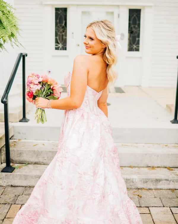 Pink Fashion Elegant Floral Long Satin Ball Gown Evening Dress nv3624