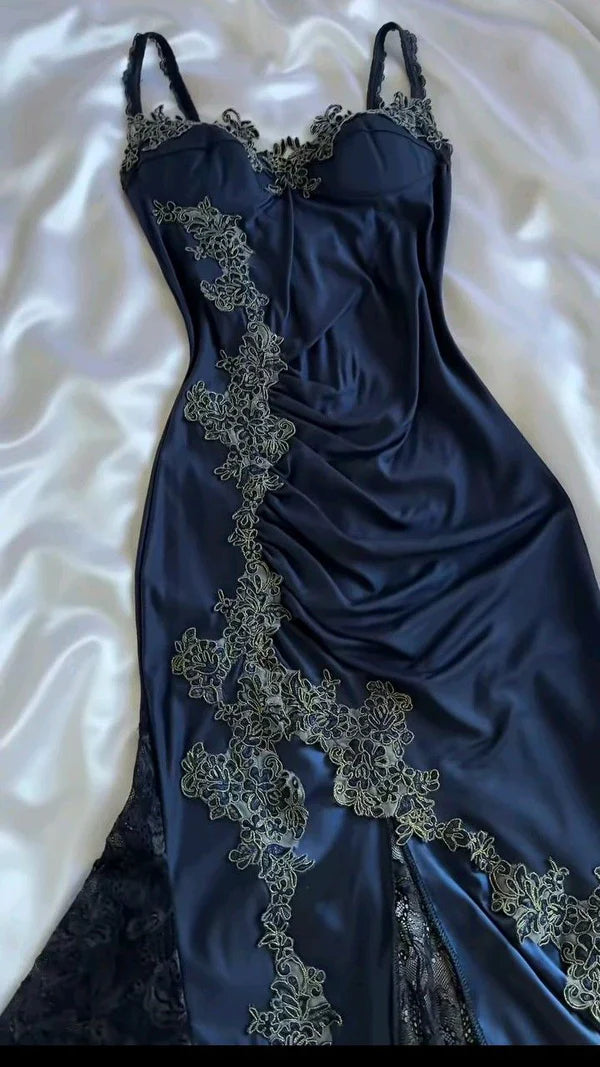 Navy Blue Vintage Elegant Spaghetti Strap Exquisite Lace Long Mermaid Satin Empire Dress Ball Gown Evening Dress Party Dress Prom Dress nv4033