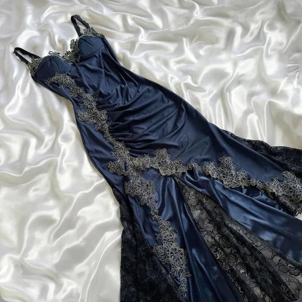 Navy Blue Vintage Elegant Spaghetti Strap Exquisite Lace Long Mermaid Satin Empire Dress Ball Gown Evening Dress Party Dress Prom Dress nv4033
