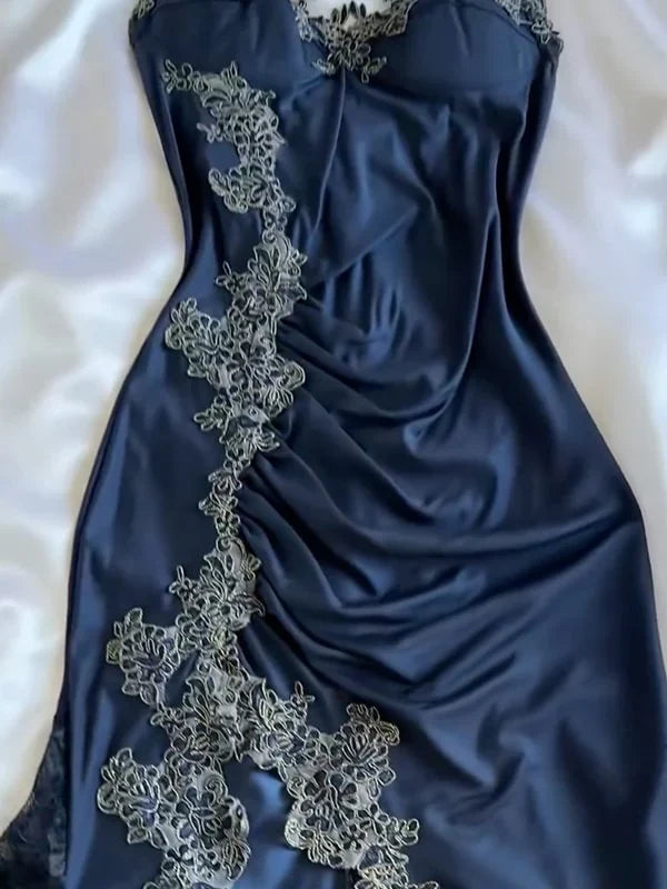 Navy Blue Vintage Elegant Spaghetti Strap Exquisite Lace Long Mermaid Satin Empire Dress Ball Gown Evening Dress Party Dress Prom Dress nv4033