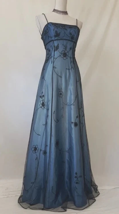 Blue Fashion Gradient Exquisite Beading Spaghetti Strap Long tulle Ball Gown Evening Gown Party Dress nv3723