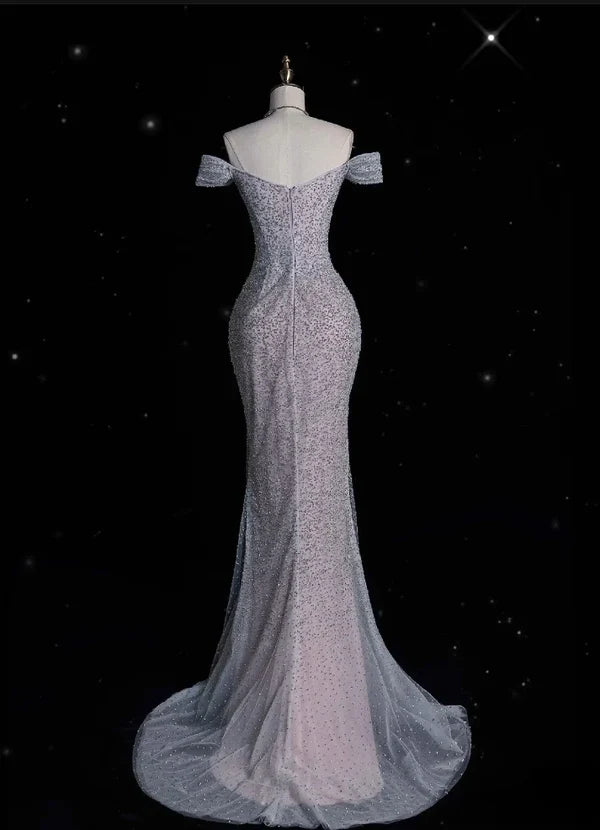 Silver Gorgeous Exquisite Shiny Mermaid Off-the-shoulder Tulle Rhinestone Long Sequined Prom Dress Formal Graduation Dress Evening Gown nv3794