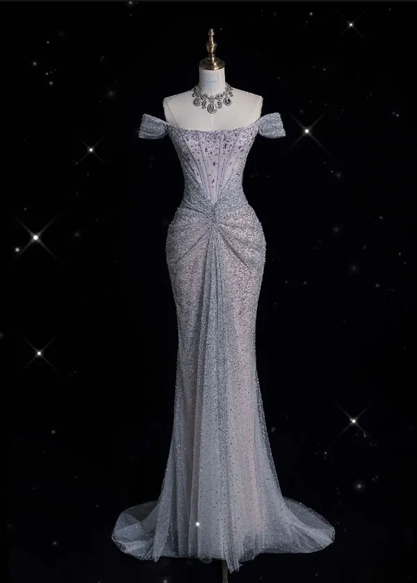 Silver Gorgeous Exquisite Shiny Mermaid Off-the-shoulder Tulle Rhinestone Long Sequined Prom Dress Formal Graduation Dress Evening Gown nv3794