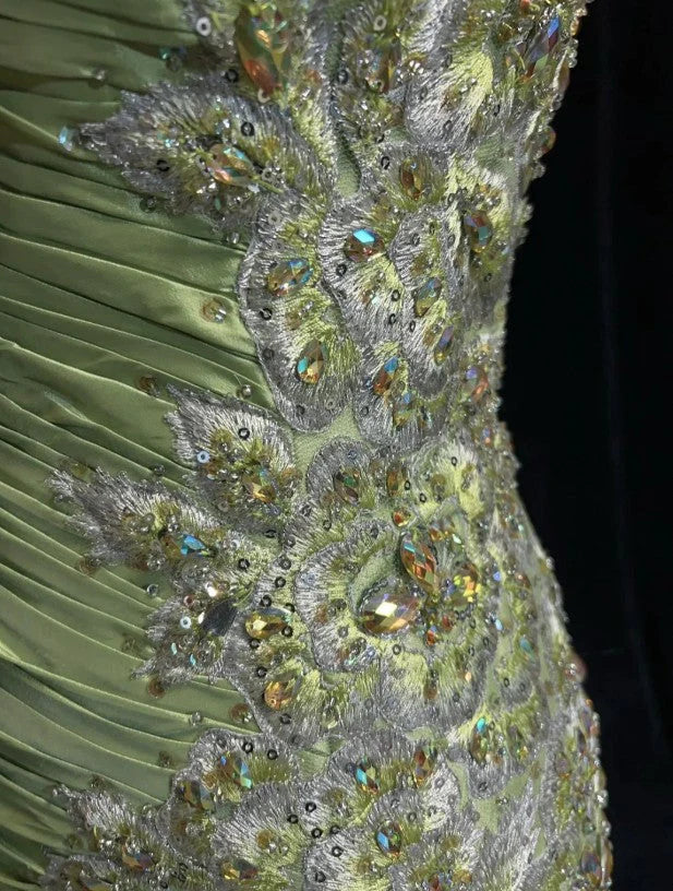 Green Vintage Sweetheart Neck Mermaid Spaghetti Straps Satin Beaded Sequin Long Ball Gown Evening Dress nv4167