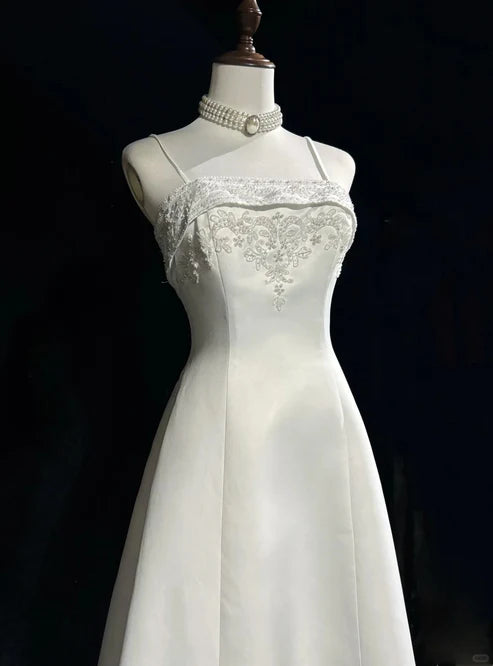 White A-line Beaded Satin Long Ball Gown Graduation Prom Dress Wedding Dress nv4292