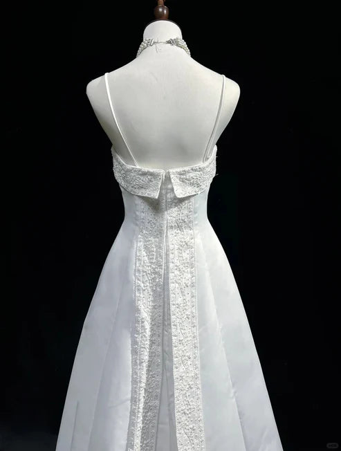 White A-line Beaded Satin Long Ball Gown Graduation Prom Dress Wedding Dress nv4292