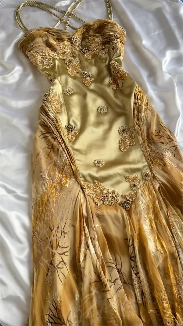 Gold Floral Elegant Long Satin Prom Dress Evening Dress Party Dress nv4696