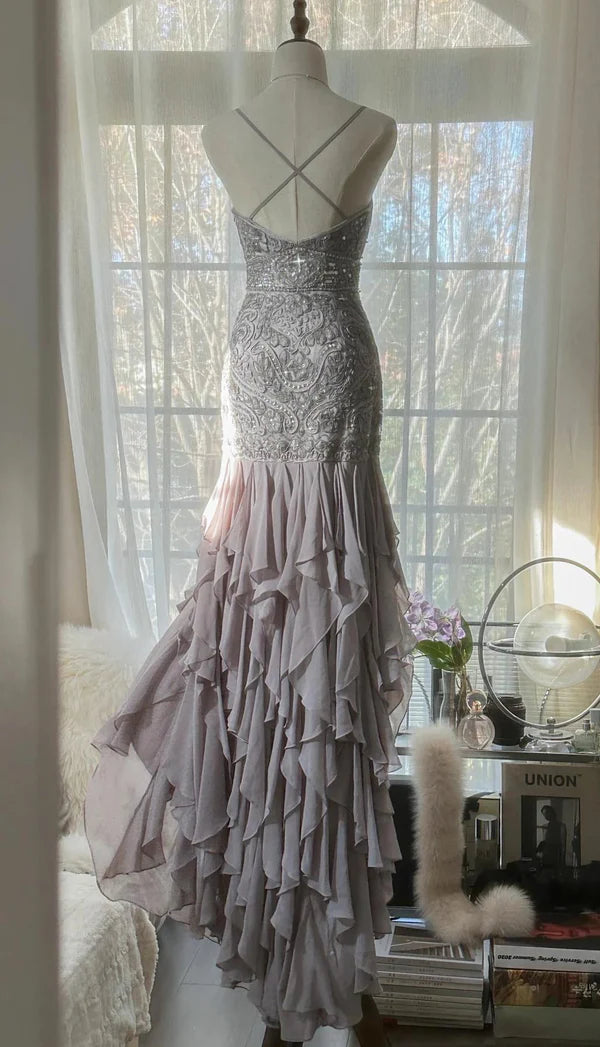 Elegant Purple Spaghetti Strap Applique Bodycon Backless Evening Dress Chiffon Sequin Long Ball Gown Party Dress nv4111