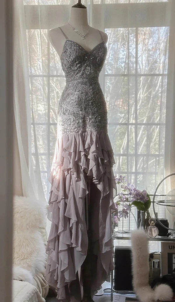 Elegant Purple Spaghetti Strap Applique Bodycon Backless Evening Dress Chiffon Sequin Long Ball Gown Party Dress nv4111