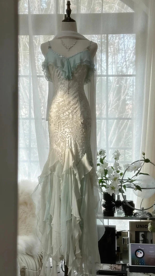 Mint Green Fashionable Elegant Spaghetti Straps Delicate Notes Long Ruffled Mermaid Chiffon Ball Gown Evening Gown Party Gown Prom Gown Graduation Gown nv4034