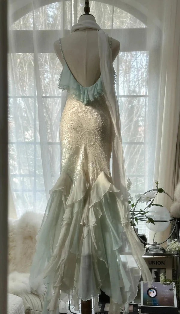 Mint Green Fashionable Elegant Spaghetti Straps Delicate Notes Long Ruffled Mermaid Chiffon Ball Gown Evening Gown Party Gown Prom Gown Graduation Gown nv4034