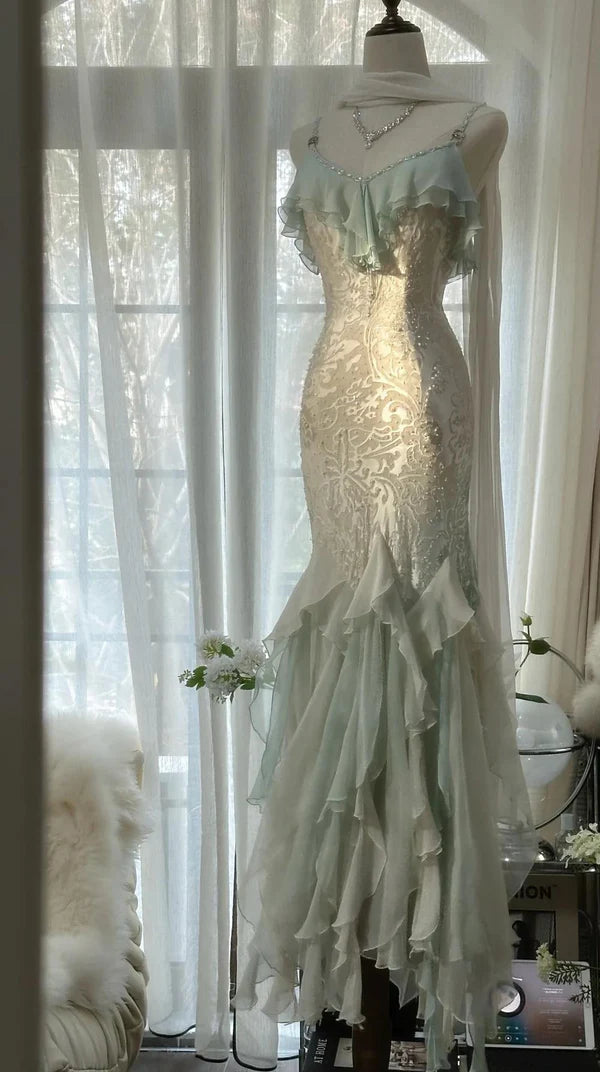 Mint Green Fashionable Elegant Spaghetti Straps Delicate Notes Long Ruffled Mermaid Chiffon Ball Gown Evening Gown Party Gown Prom Gown Graduation Gown nv4034