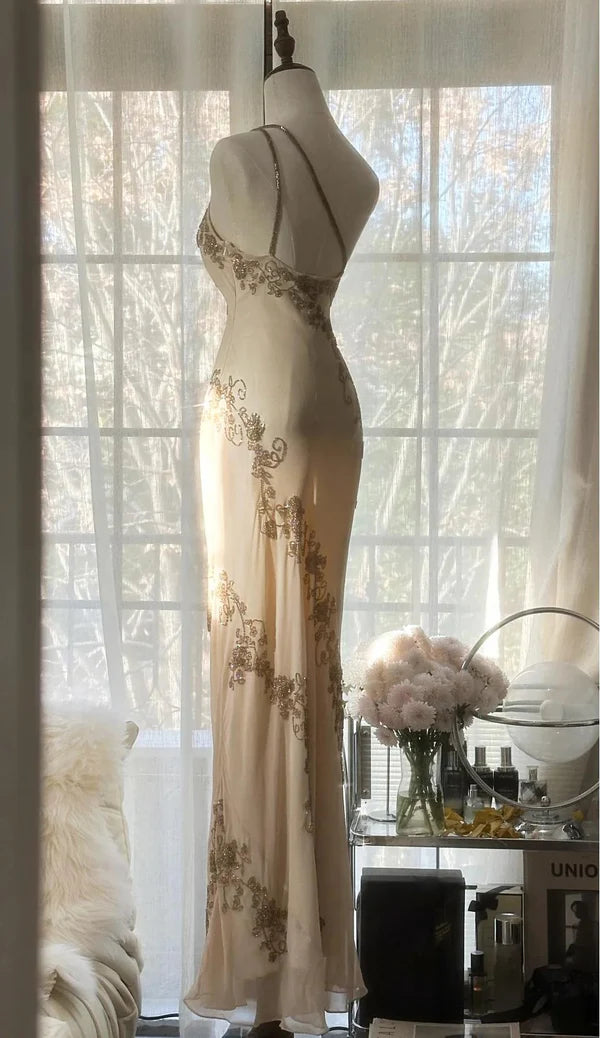 Champagne Vintage Bodycon Dress Chiffon One Shoulder Beaded Long Prom Dress Graduation Prom Dress Evening Dress Party Dress nv4110