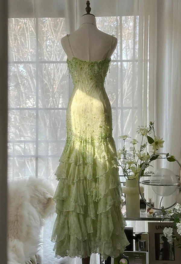 Green Mermaid Vintage Sweetheart Beaded Multi-Layer Long Chiffon Fairytale Ball Gown Party Dress nv4113