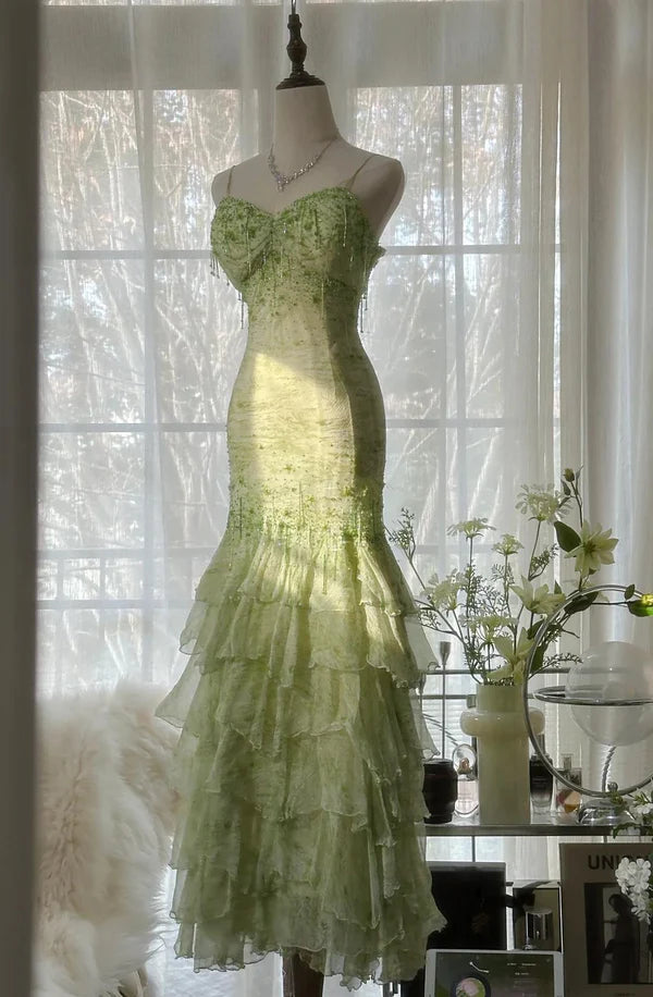 Green Mermaid Vintage Sweetheart Beaded Multi-Layer Long Chiffon Fairytale Ball Gown Party Dress nv4113