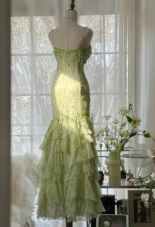 Green Mermaid Vintage Sweetheart Beaded Multi-Layer Long Chiffon Fairytale Ball Gown Party Dress nv4113