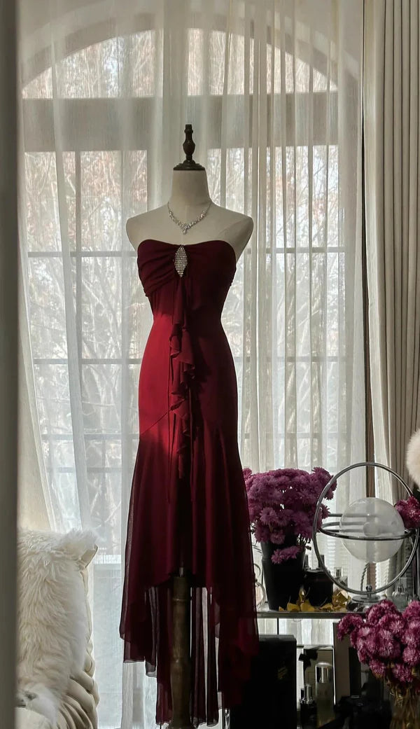 Vintage Red Mermaid Off-the-shoulder Long Chiffon Ball Gown Graduation Prom Dress Party Dress nv3761