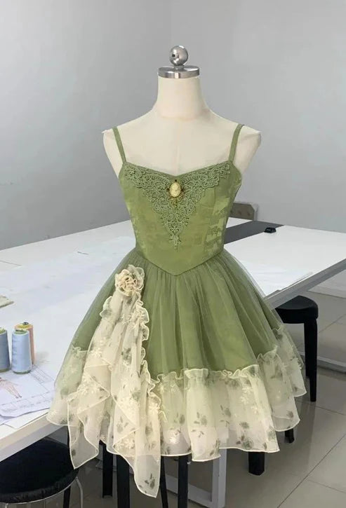 Green/Burgundy Homecoming Dress Spaghetti Strap A-Line Short Tulle Ball Gown nv4265