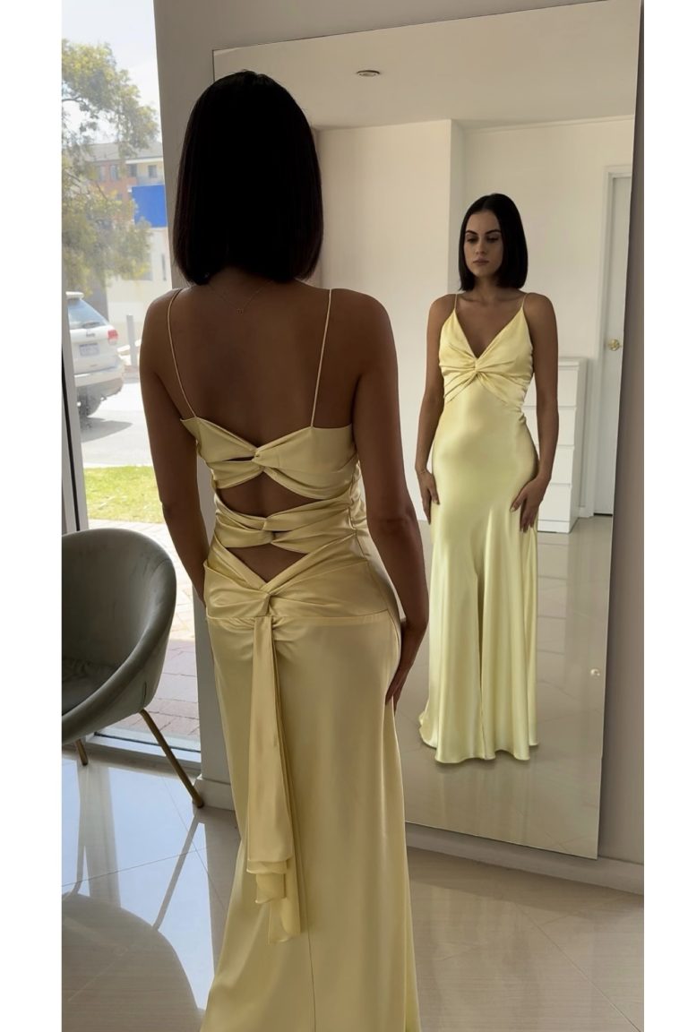 Yellow Fashion Elegant Satin Backless Long Spaghetti Straps Evening Gown Prom Dress nv1667