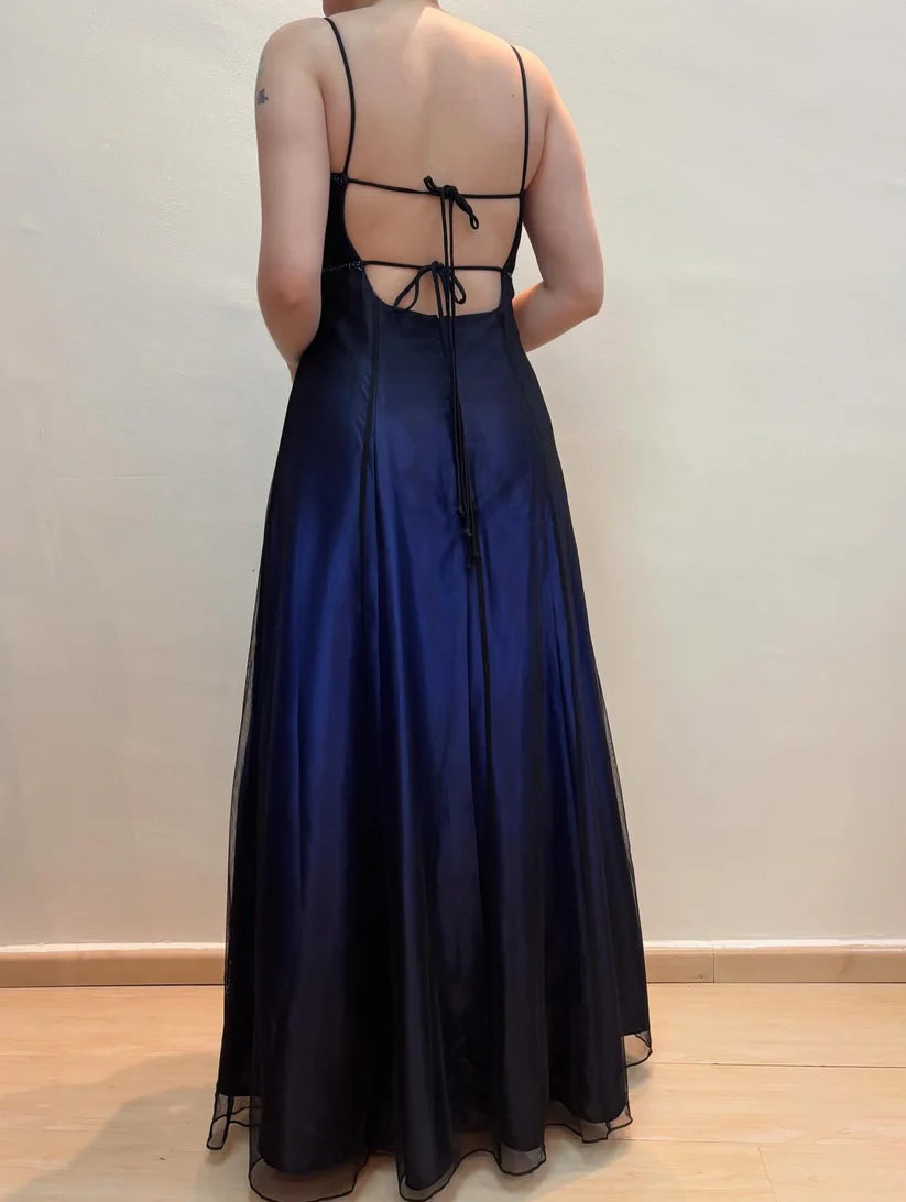 NiceVestidos--Dark blue/dark grey floral exquisite beaded long tulle prom gown fairy dress NV5777