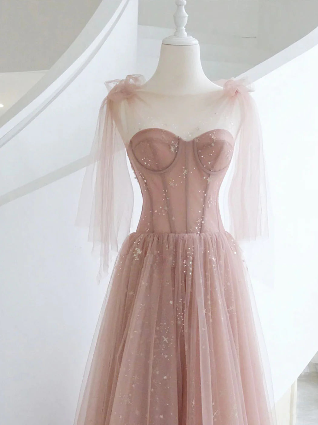A-Line Pink Round Neck Tulle Long Prom Dresses, Pink Formal Evening Dress nv1528