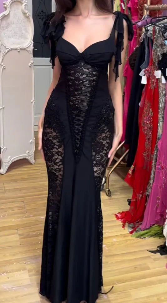 Sexy Black Fringe Lace Mermaid Evening Gown Long Ball Gown Evening Dress nv1857