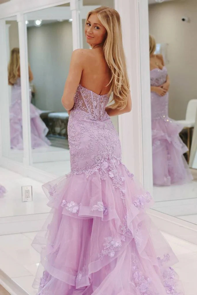 Gorgeous Strapless Mermaid Purple Lace Long Prom Dress Purple Lace Formal Evening Dress Purple Ball Gown nv1567
